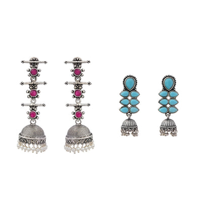 Royal Triple Bell Layered Jhumka Earring (Red) Dazzle Dash Jhumki earring (Sky Blue) Combo set