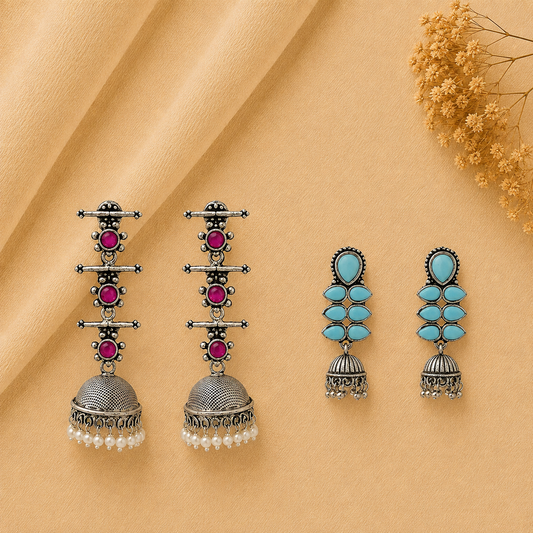Royal Triple Bell Layered Jhumka Earring (Red) Dazzle Dash Jhumki earring (Sky Blue) Combo set