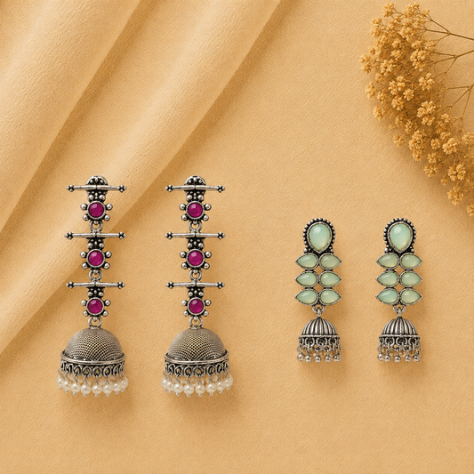 Royal Triple Bell Layered Jhumka Earring (Red) Dazzle Dash Jhumki earring (Mint) Combo set