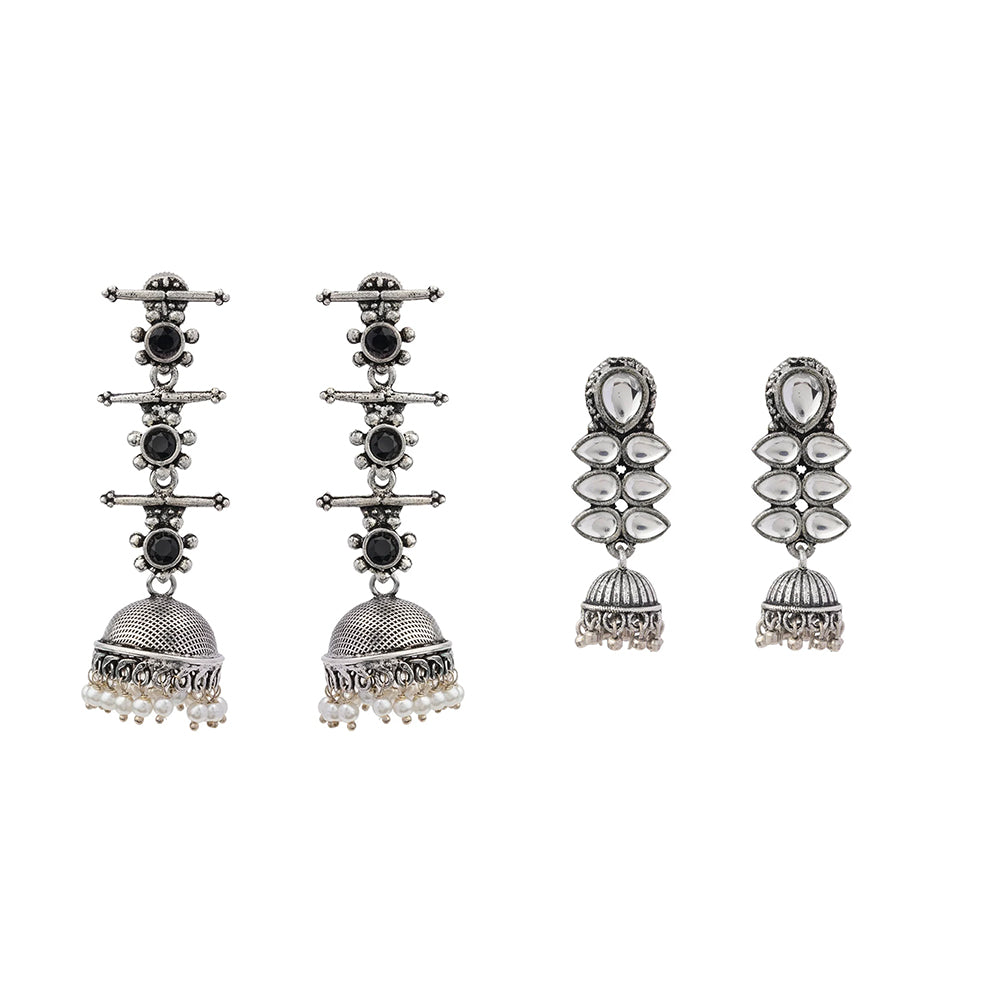 Royal Triple Bell Layered Jhumka Earring (Black) Dazzle Dash Jhumki earring (White) Combo set