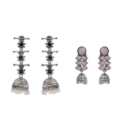 Royal Triple Bell Layered Jhumka Earring (Black) Dazzle Dash Jhumki earring (Baby Pink) Combo set