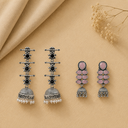 Royal Triple Bell Layered Jhumka Earring (Black) Dazzle Dash Jhumki earring (Baby Pink) Combo set