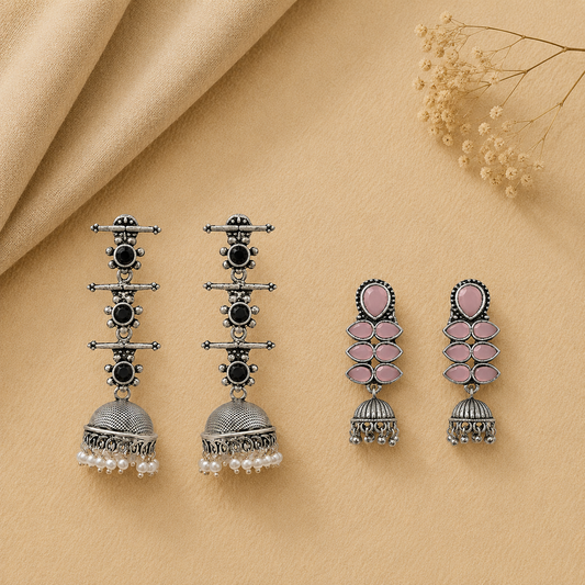 Royal Triple Bell Layered Jhumka Earring (Black) Dazzle Dash Jhumki earring (Baby Pink) Combo set