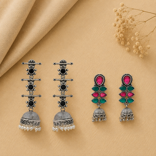 Royal Triple Bell Layered Jhumka Earring (Black) Dazzle Dash Jhumki earring (Multicolored) Combo set