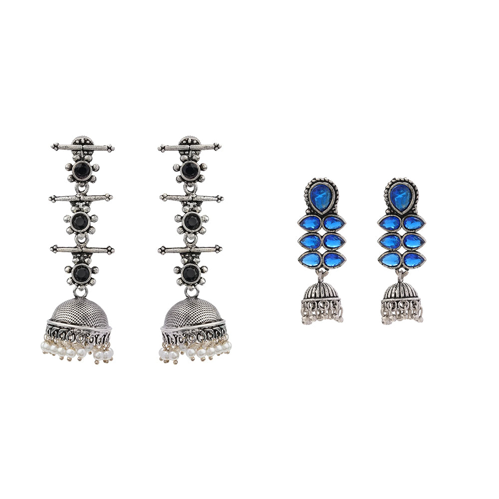 Royal Triple Bell Layered Jhumka Earring (Black) Dazzle Dash Jhumki earring (Blue) Combo set