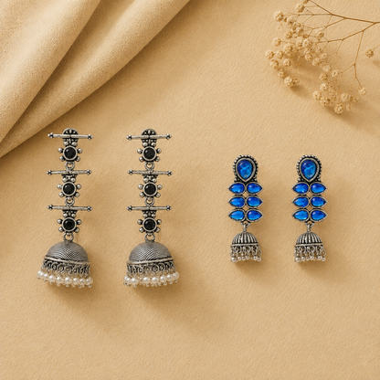 Royal Triple Bell Layered Jhumka Earring (Black) Dazzle Dash Jhumki earring (Blue) Combo set