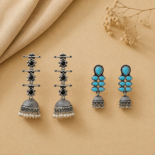 Royal Triple Bell Layered Jhumka Earring (Black) Dazzle Dash Jhumki earring (Sky Blue) Combo set