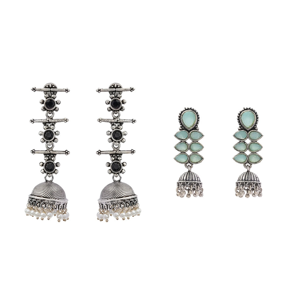 Royal Triple Bell Layered Jhumka Earring (Black) Dazzle Dash Jhumki earring (Mint) Combo set