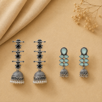 Royal Triple Bell Layered Jhumka Earring (Black) Dazzle Dash Jhumki earring (Mint) Combo set