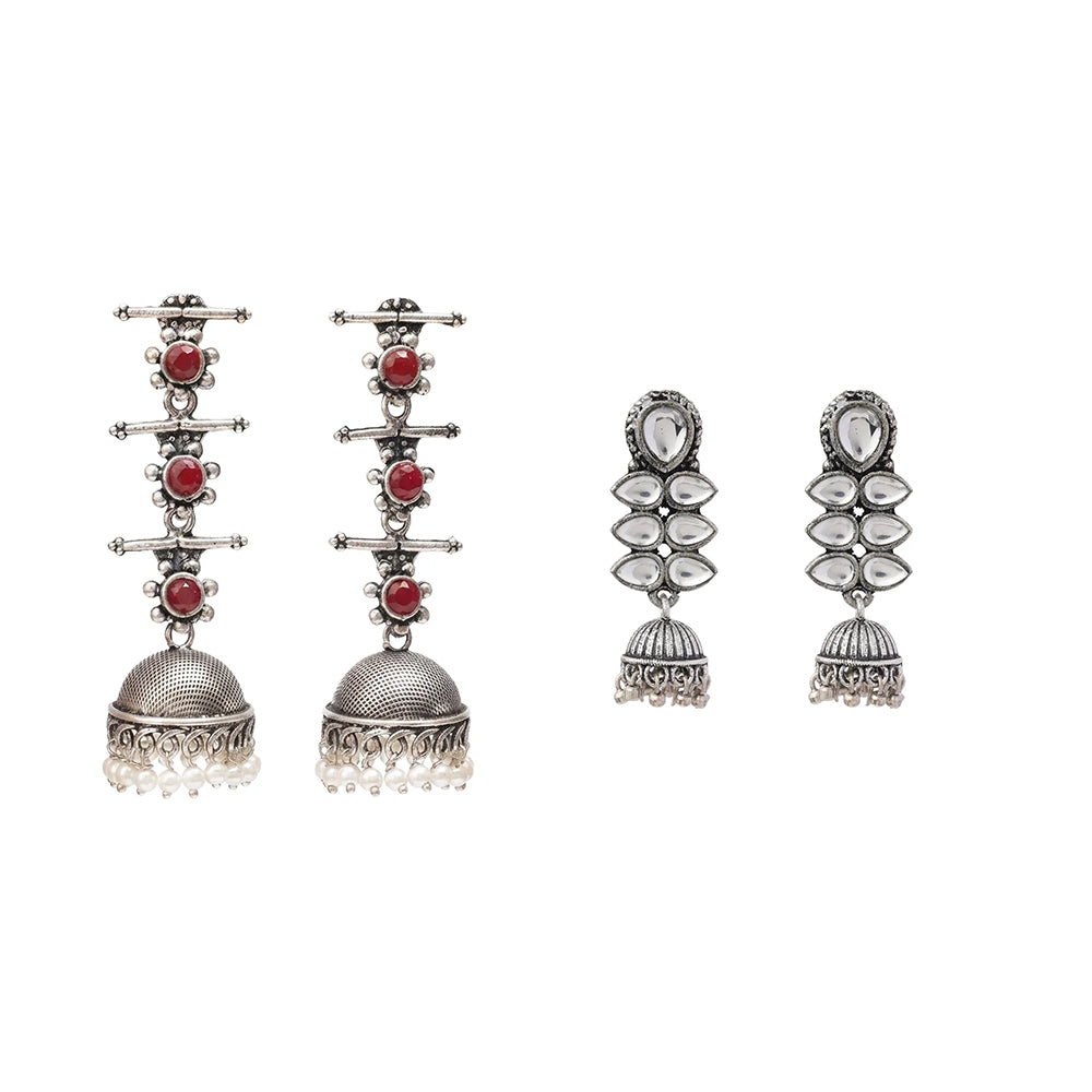 Royal Triple Bell Layered Jhumka Earring (Dark Maroon) Dazzle Dash Jhumki earring (White) Combo set