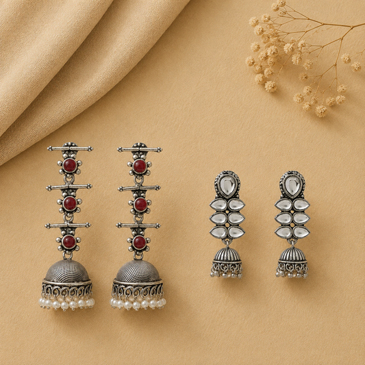 Royal Triple Bell Layered Jhumka Earring (Dark Maroon) Dazzle Dash Jhumki earring (White) Combo set
