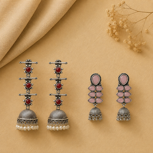 Royal Triple Bell Layered Jhumka Earring (Dark Maroon) Dazzle Dash Jhumki earring (Baby Pink) Combo set