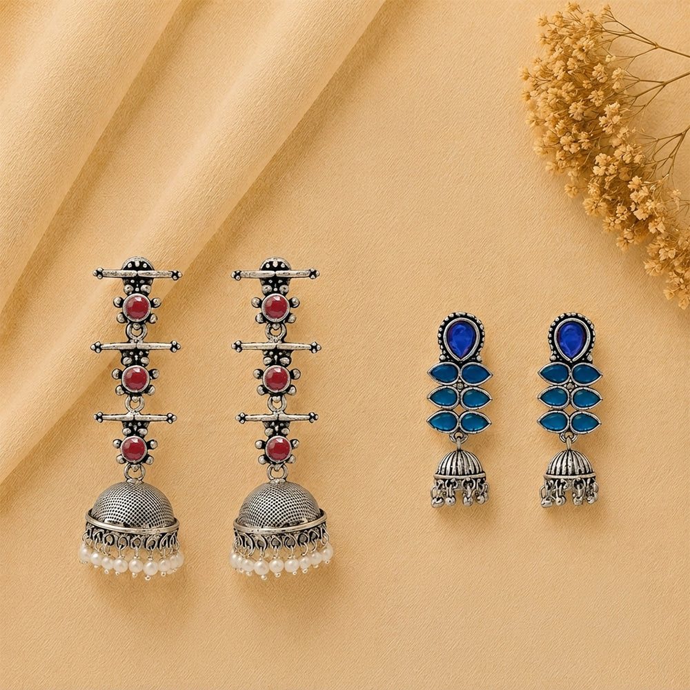 Royal Triple Bell Layered Jhumka Earring (Dark Maroon) Dazzle Dash Jhumki earring (Blue) Combo set