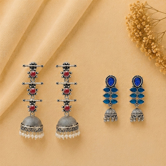 Royal Triple Bell Layered Jhumka Earring (Dark Maroon) Dazzle Dash Jhumki earring (Blue) Combo set