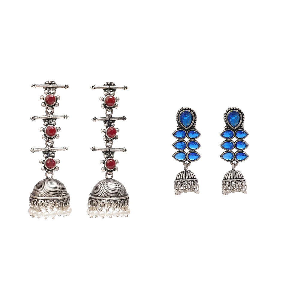 Royal Triple Bell Layered Jhumka Earring (Dark Maroon) Dazzle Dash Jhumki earring (Blue) Combo set