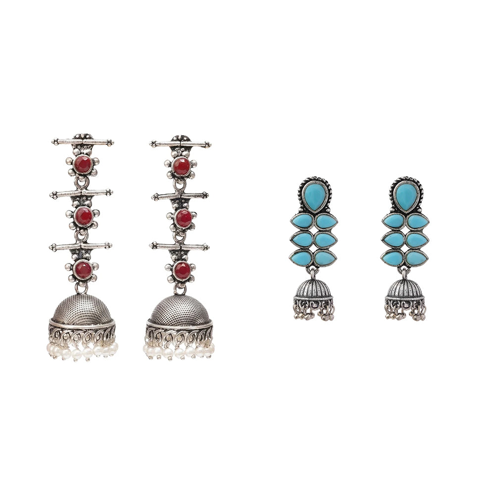 Royal Triple Bell Layered Jhumka Earring (Dark Maroon) Dazzle Dash Jhumki earring (Sky Blue) Combo set