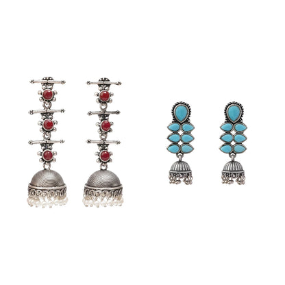 Royal Triple Bell Layered Jhumka Earring (Dark Maroon) Dazzle Dash Jhumki earring (Sky Blue) Combo set