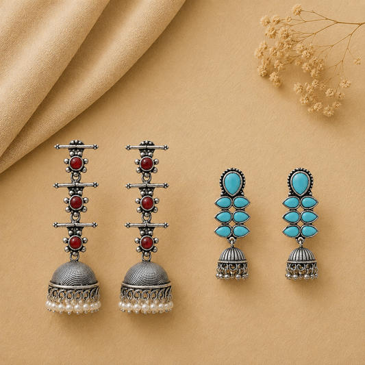Royal Triple Bell Layered Jhumka Earring (Dark Maroon) Dazzle Dash Jhumki earring (Sky Blue) Combo set