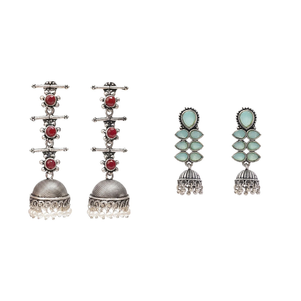 Royal Triple Bell Layered Jhumka Earring (Dark Maroon) Dazzle Dash Jhumki earring (Mint) Combo set