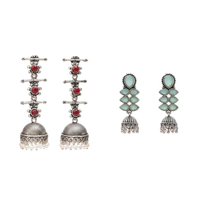 Royal Triple Bell Layered Jhumka Earring (Dark Maroon) Dazzle Dash Jhumki earring (Mint) Combo set