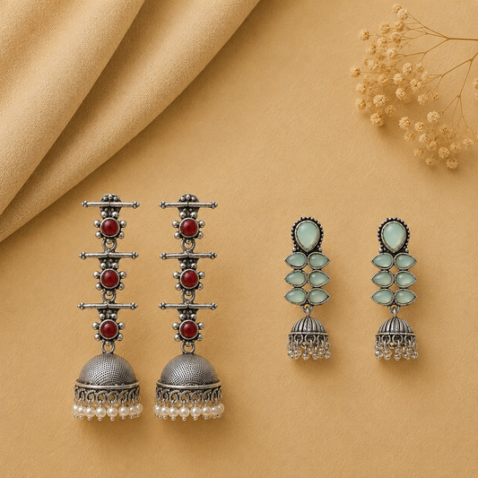 Royal Triple Bell Layered Jhumka Earring (Dark Maroon) Dazzle Dash Jhumki earring (Mint) Combo set