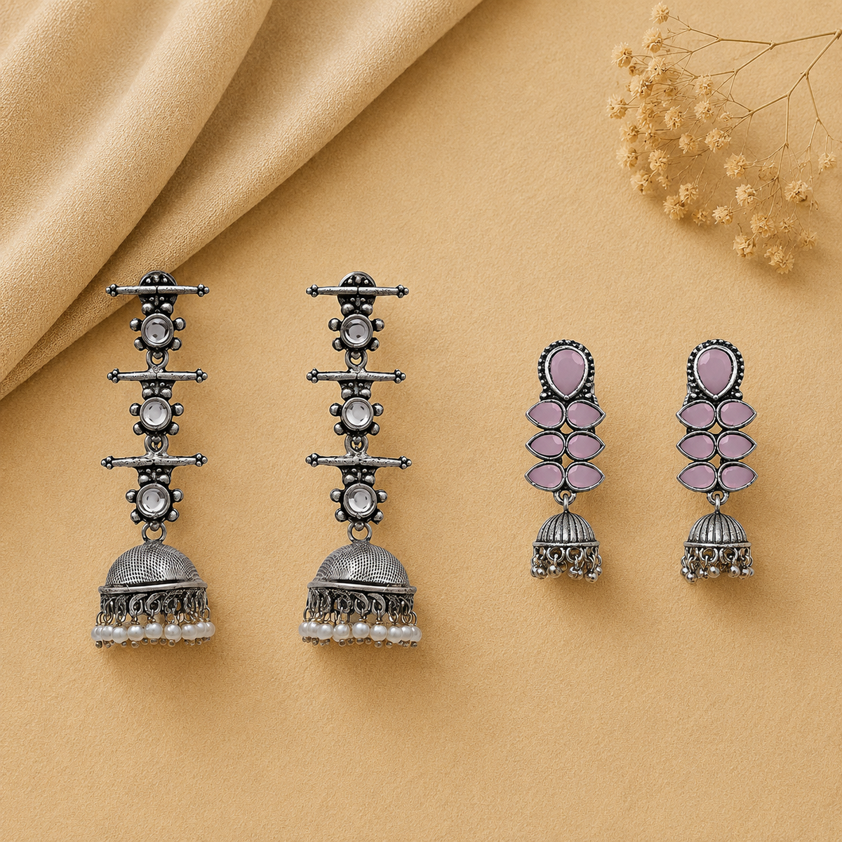 Royal Triple Bell Layered Jhumka Earring (White) Dazzle Dash Jhumki earring (Baby Pink) Combo set
