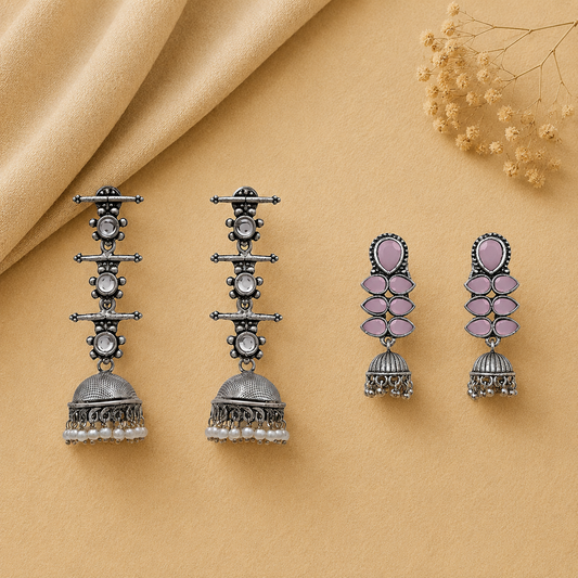 Royal Triple Bell Layered Jhumka Earring (White) Dazzle Dash Jhumki earring (Baby Pink) Combo set