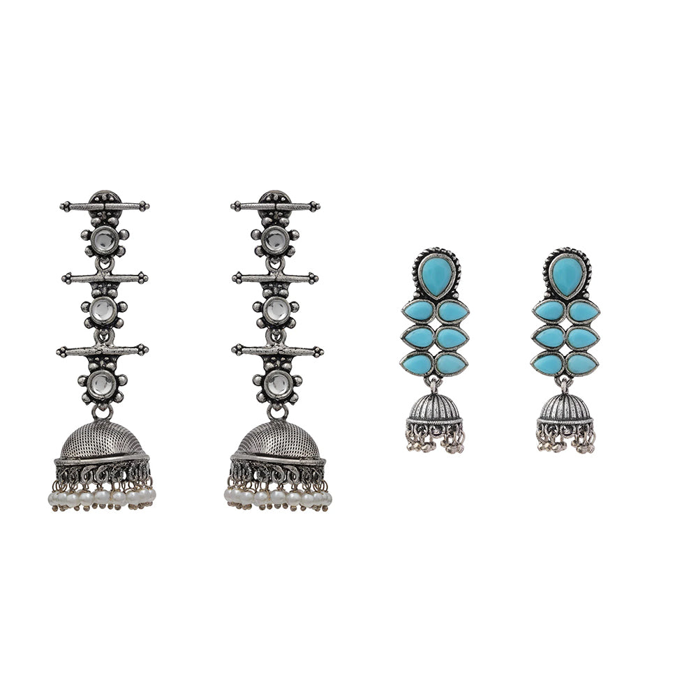 Royal Triple Bell Layered Jhumka Earring (White) Dazzle Dash Jhumki earring (Sky Blue) Combo set