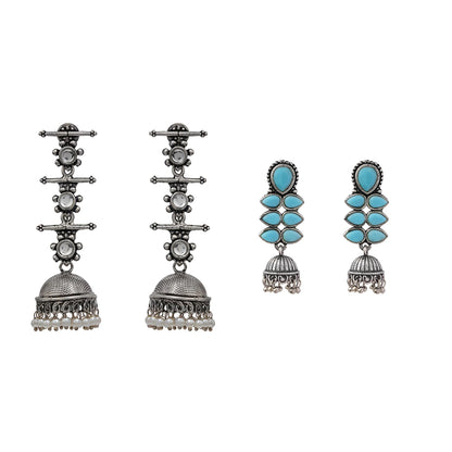 Royal Triple Bell Layered Jhumka Earring (White) Dazzle Dash Jhumki earring (Sky Blue) Combo set