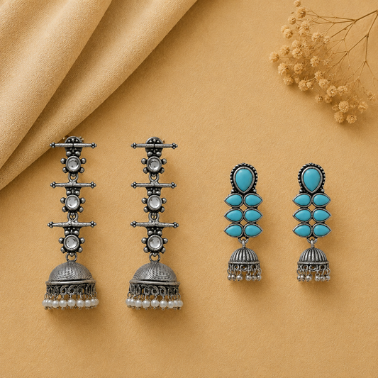 Royal Triple Bell Layered Jhumka Earring (White) Dazzle Dash Jhumki earring (Sky Blue) Combo set