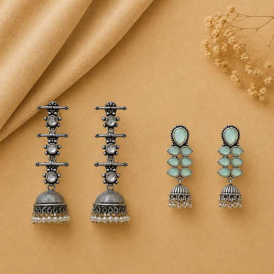Royal Triple Bell Layered Jhumka Earring (White) Dazzle Dash Jhumki earring (Mint) Combo set