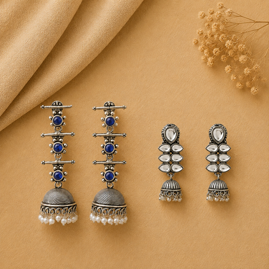 Royal Triple Bell Layered Jhumka Earring (Blue) Dazzle Dash Jhumki earring (White) Combo set