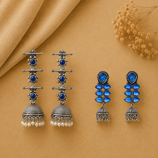 Royal Triple Bell Layered Jhumka Earring (Blue) Dazzle Dash Jhumki earring (Blue) Combo set