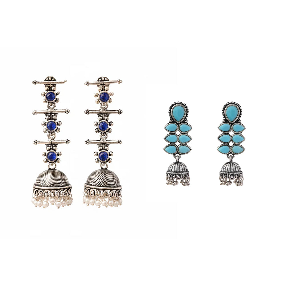 Royal Triple Bell Layered Jhumka Earring (Blue) Dazzle Dash Jhumki earring (Sky Blue) Combo set