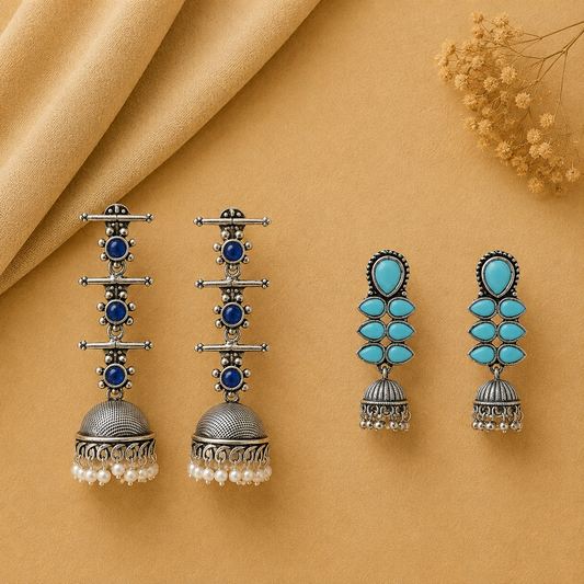 Royal Triple Bell Layered Jhumka Earring (Blue) Dazzle Dash Jhumki earring (Sky Blue) Combo set