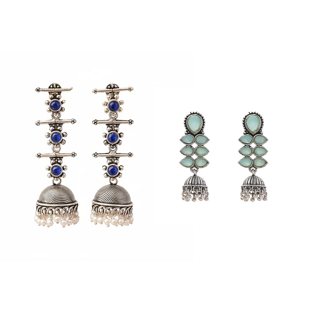 Royal Triple Bell Layered Jhumka Earring (Blue) Dazzle Dash Jhumki earring (Mint) Combo set