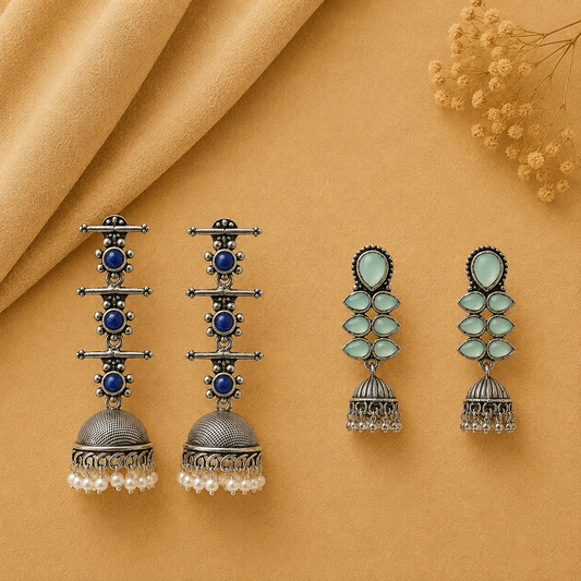 Royal Triple Bell Layered Jhumka Earring (Blue) Dazzle Dash Jhumki earring (Mint) Combo set