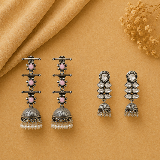 Royal Triple Bell Layered Jhumka Earring (Baby Pink) Dazzle Dash Jhumki earring (White) Combo set