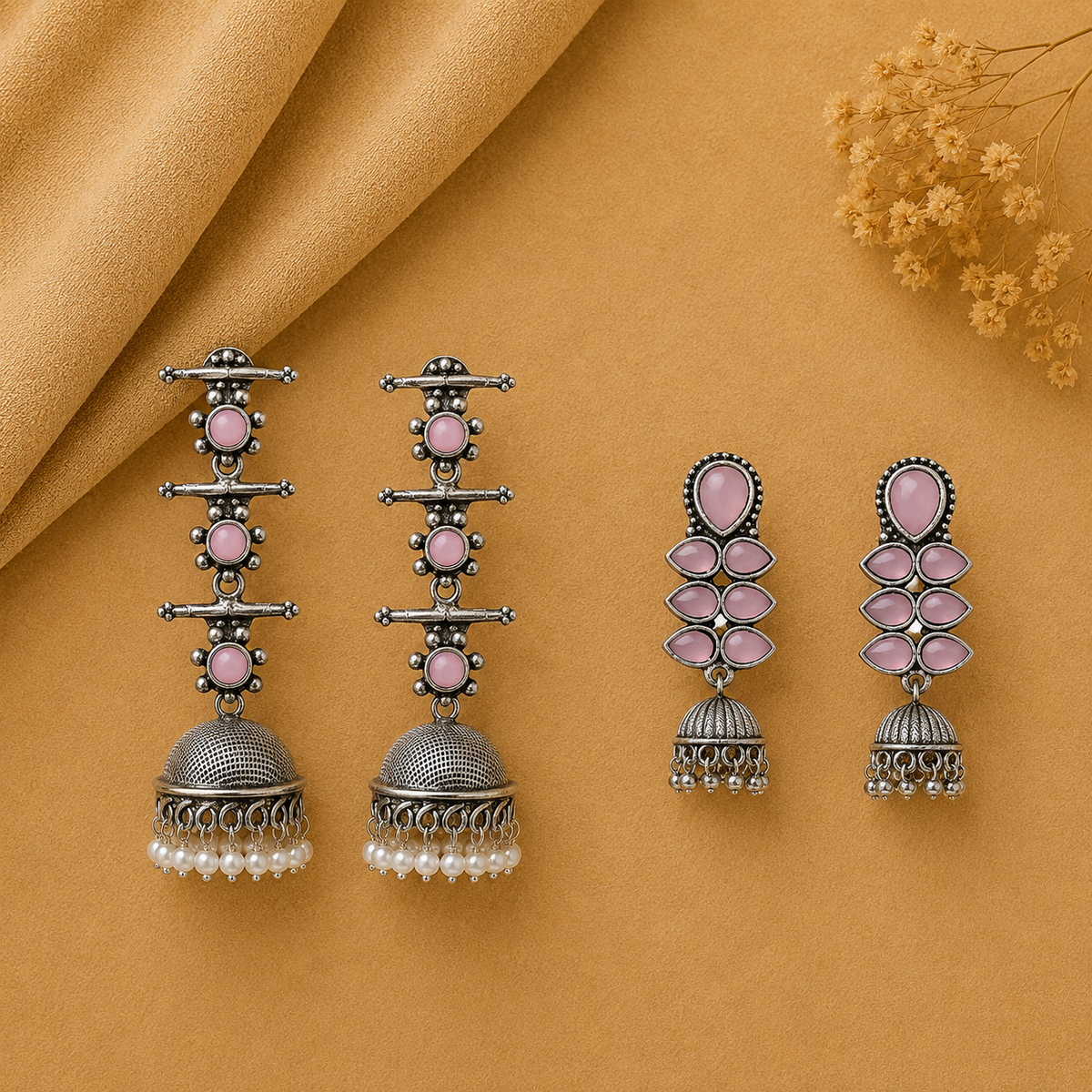 Royal Triple Bell Layered Jhumka Earring (Baby Pink) Dazzle Dash Jhumki earring (Baby Pink) Combo set