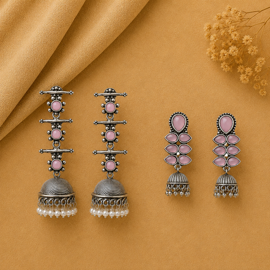 Royal Triple Bell Layered Jhumka Earring (Baby Pink) Dazzle Dash Jhumki earring (Baby Pink) Combo set