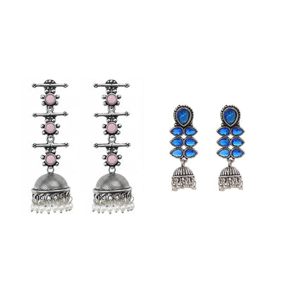 Royal Triple Bell Layered Jhumka Earring (Baby Pink) Dazzle Dash Jhumki earring (Blue) Combo set