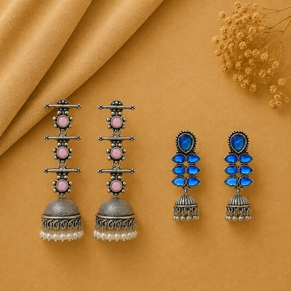Royal Triple Bell Layered Jhumka Earring (Baby Pink) Dazzle Dash Jhumki earring (Blue) Combo set