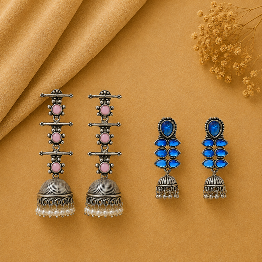 Royal Triple Bell Layered Jhumka Earring (Baby Pink) Dazzle Dash Jhumki earring (Blue) Combo set