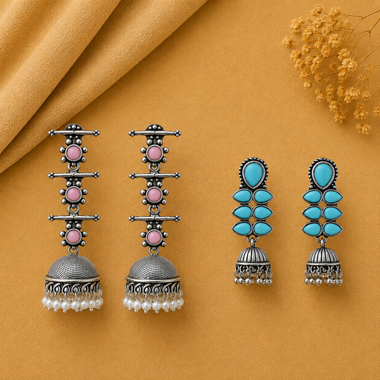 Royal Triple Bell Layered Jhumka Earring (Baby Pink) Dazzle Dash Jhumki earring (Sky Blue) Combo set