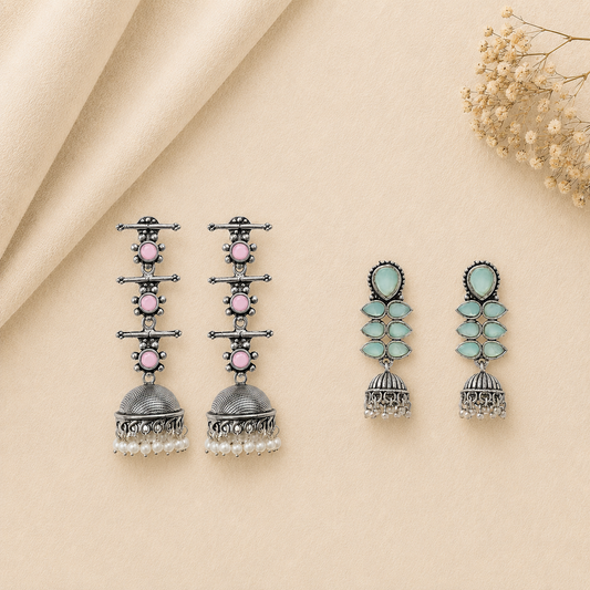 Royal Triple Bell Layered Jhumka Earring (Baby Pink) Dazzle Dash Jhumki earring (Mint) Combo set