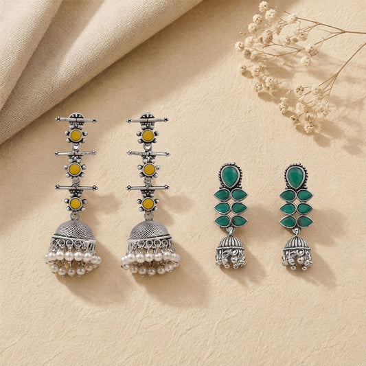 Royal Triple Bell Layered Jhumka Earring (Yellow) Dazzle Dash Jhumki earring (Green) Combo set