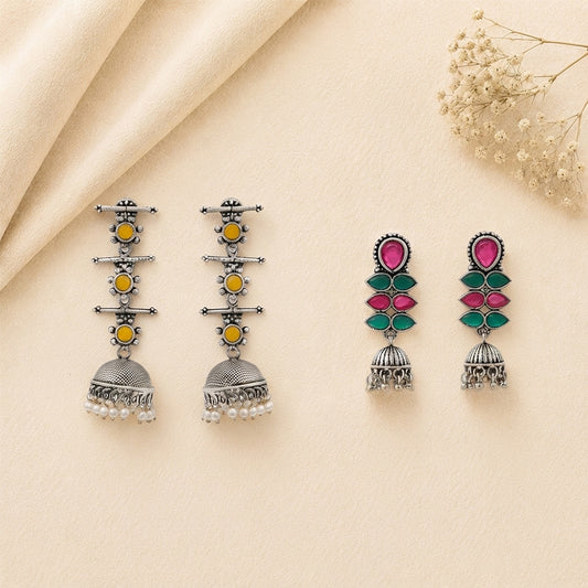 Royal Triple Bell Layered Jhumka Earring (Yellow) Dazzle Dash Jhumki earring (Multicolored) Combo set