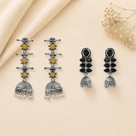 Royal Triple Bell Layered Jhumka Earring (Yellow) Dazzle Dash Jhumki earring (Black) Combo set