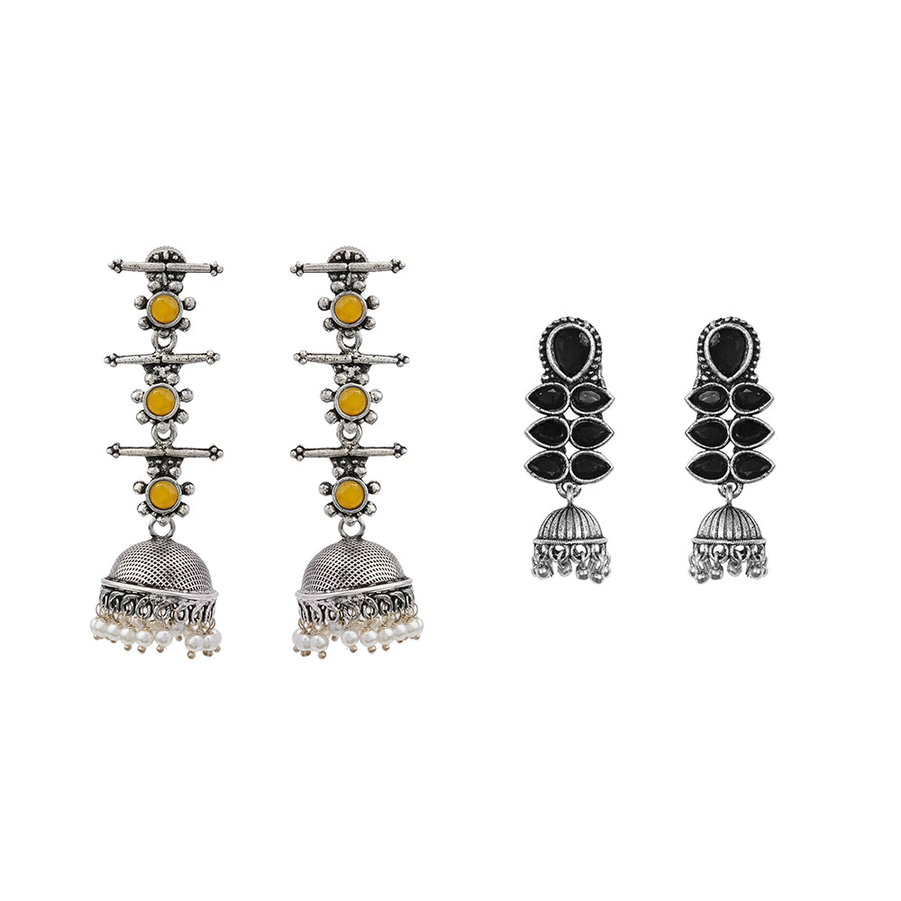 Royal Triple Bell Layered Jhumka Earring (Yellow) Dazzle Dash Jhumki earring (Black) Combo set