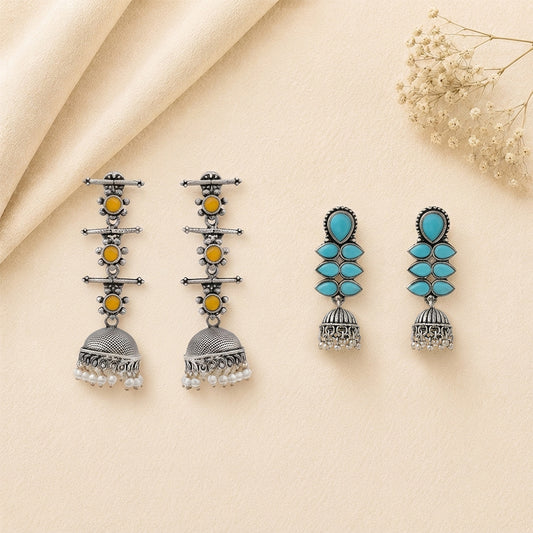 Royal Triple Bell Layered Jhumka Earring (Yellow) Dazzle Dash Jhumki earring (Sky Blue) Combo set